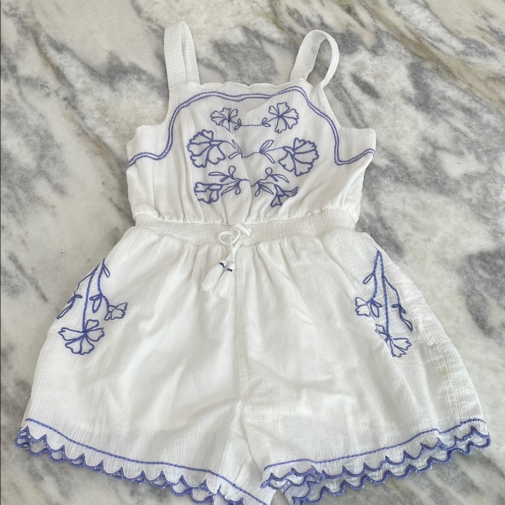 White and Blue Embroidered Kids Romper